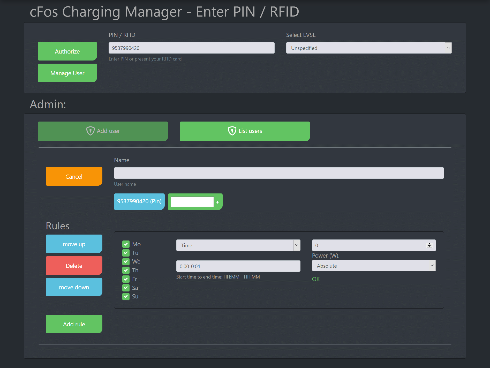 Screenshot Дакументацыя кіраўніка зарадкі cFos - RFID / PIN-код