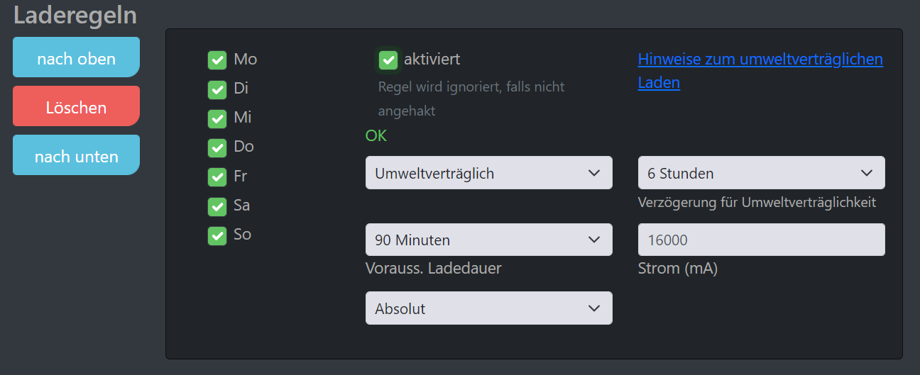 Abbildung der Einstellungen für den cFos Charging Manager zum umweltverträglichen Laden